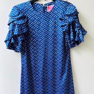 Kate Spade GeoDot Blue Satin Speckled Ruffle Sleeve Shift Dress Sz 6 Preppy